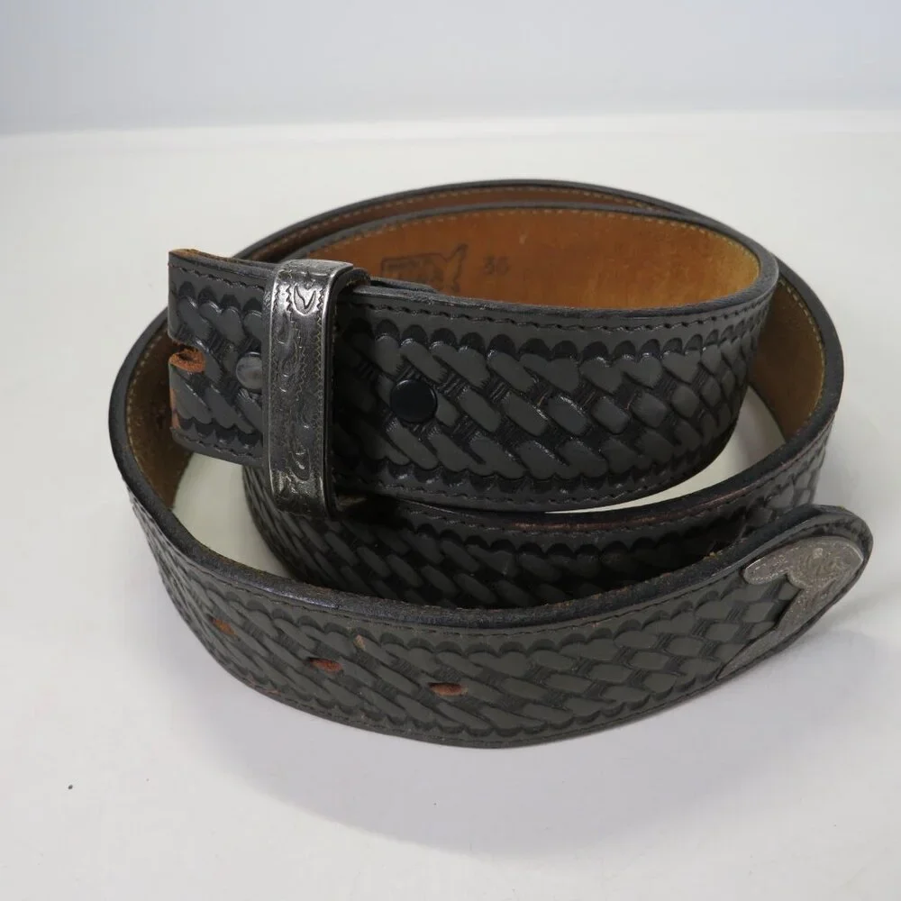 VTG Wrangler Gray Leather Belt with woven detail &metal tips tooled size 36